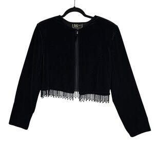R&K Evening Woman Black Velvet Beaded Fringe Cropped Bolero Jacket Size 14 Party